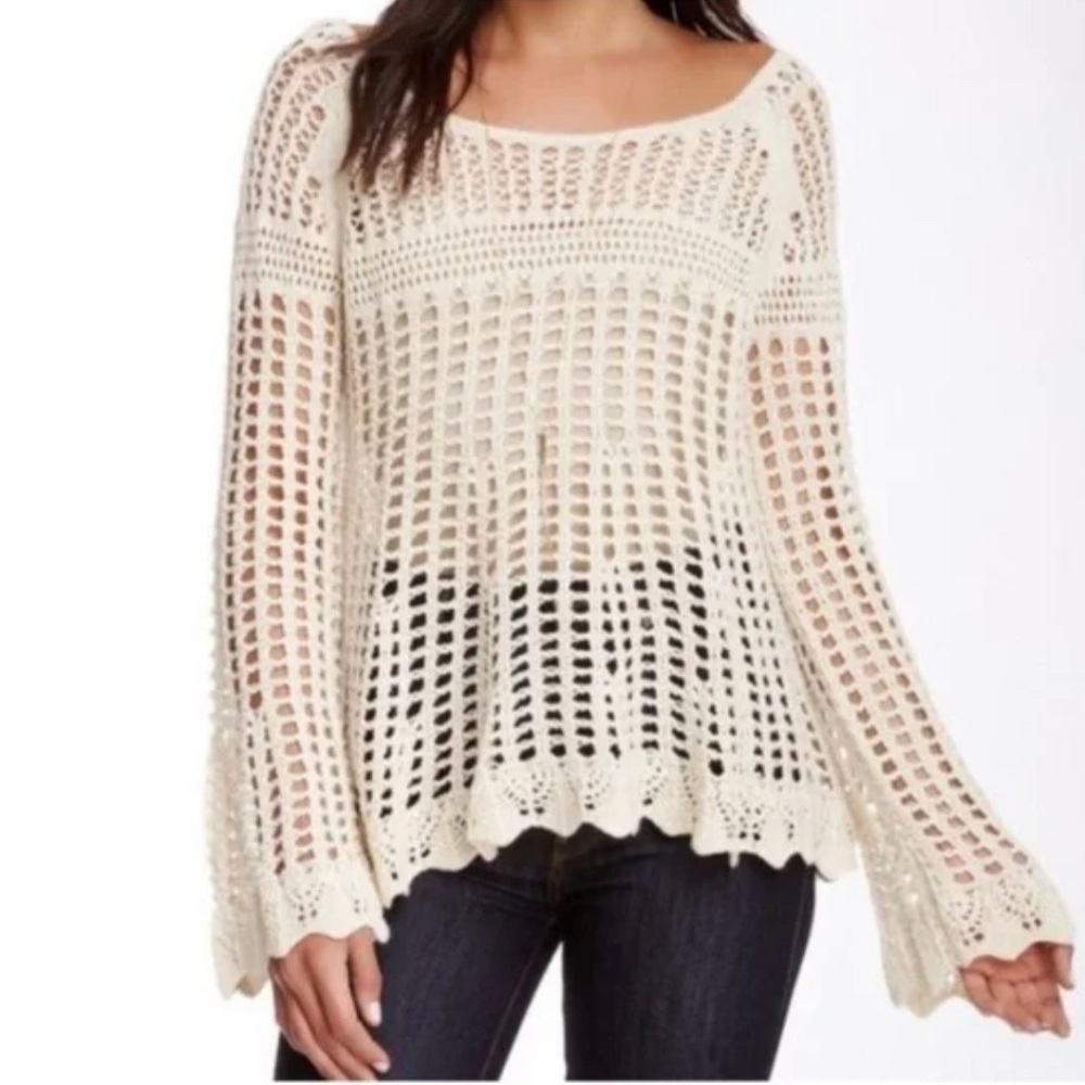 Free People Cream Crochet Bell Long-Sleeve
